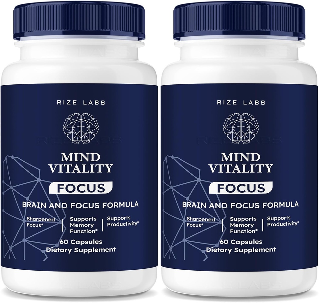 rize laboratorier Mind Vitality Focus Brain Supplement, Official Mind Vitality to Boost Focus and Concentration & Undgå middagstid Træthed, Mind Vitality Advanced Formel (120 kapsler) (pakke af 2)