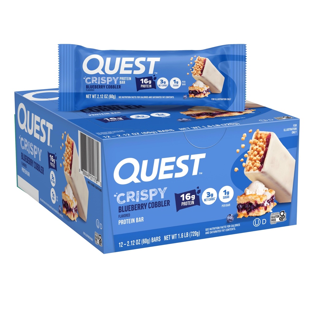 Quest Nutrition Crispy Blåbær Cobbler Hero Protein Bar, 16g Protein, 1g Sukker, 3g Net Carb, Gluten Free Protein Snack, Keto Friendly, 12 Greve