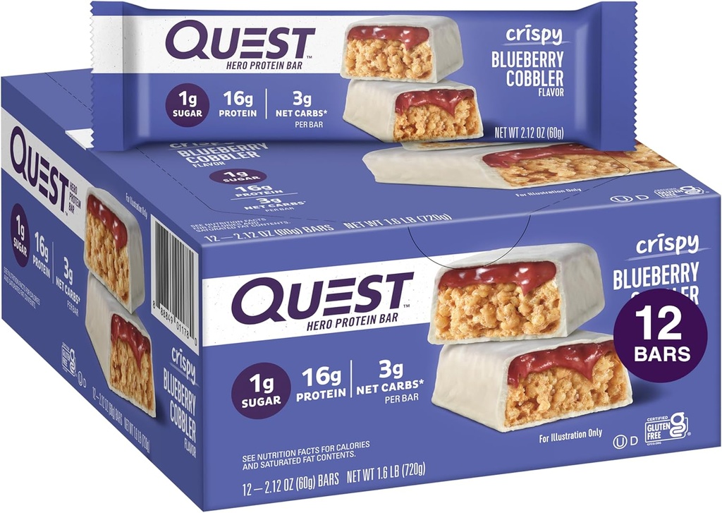 Quest Nutrition Crispy Blueberry Cobbler Hero Protein Bar, 16g Protein, 1g Sugar, 3g Net Carb, Gluten Free Protein Snack, Keto Friendly, 12 Count