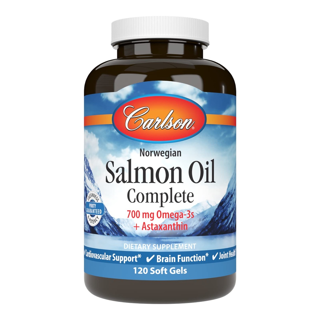 Carlson - Salmon Oil Complete, 700 mg Omega- 3s + Astaxanthin, Cardiovaskulær Support, Brain Function & Joint Health, 120 bløde geler