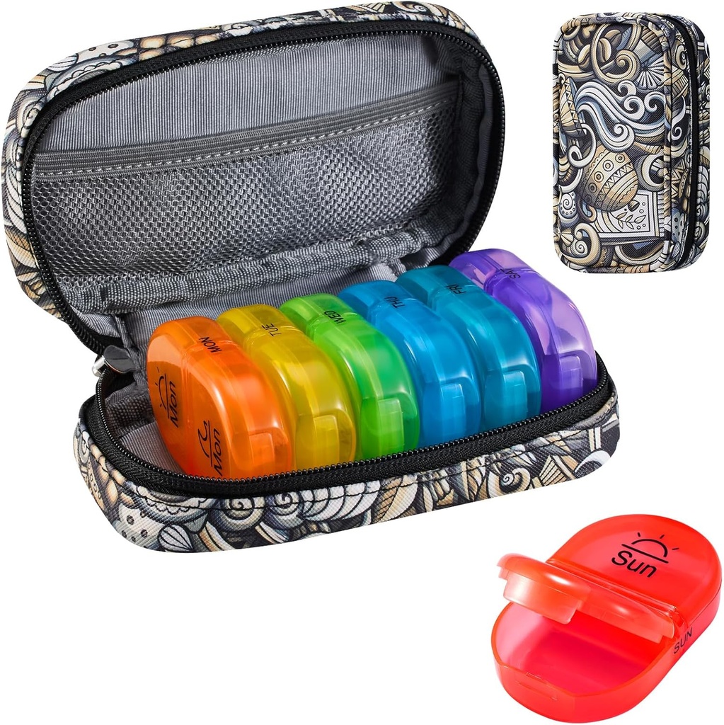 Serfeymi Weekly Travel Pill Organizer 2 gange en dag PM opgraderet Rainbow Pill Box 7 dag med transportabel lynlås PU læder pill sag, Medicin Organizer til piller, Vitaminer, fiskeolier - Brown 03