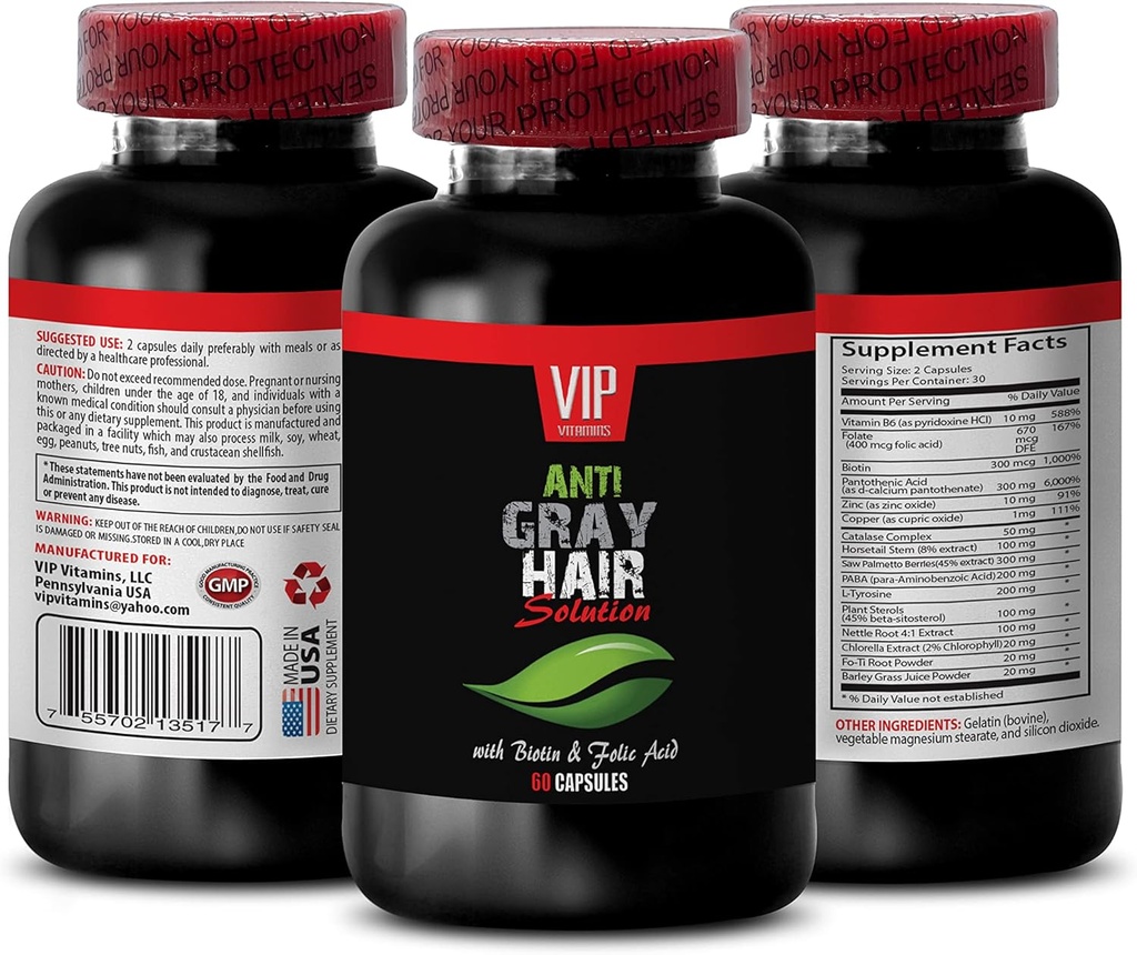 Foryngelse Skønhed - grå hårløsning - med BIOTIN & FOLIC syre - nettles kapsler, paba supplement, grå hår supplement, folat supplement til kvinder, vitaminer til grå hår reversal, 1B 60 Caps