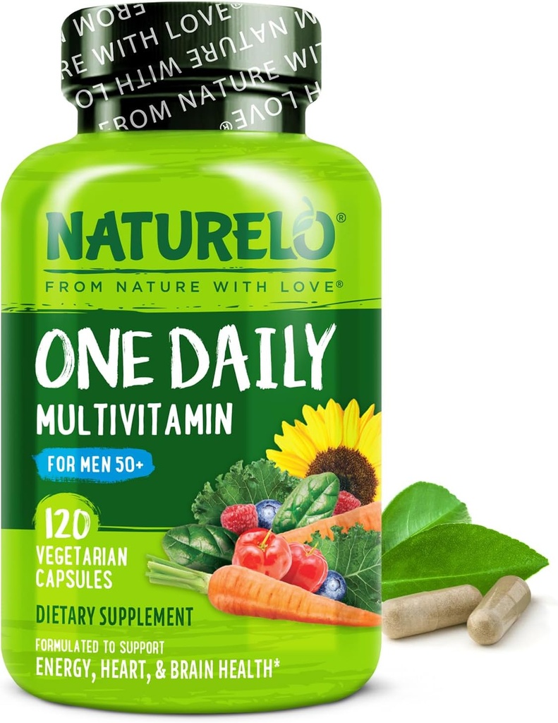 NATURELO Herre Multivitaminer til mænd 50 + - En daglig Multivitamin til mænd med vitaminer, mineraler & økologiske hele fødevarer, Boost Energy & Health, Non- GMO, 120 Vegetariske kapsler