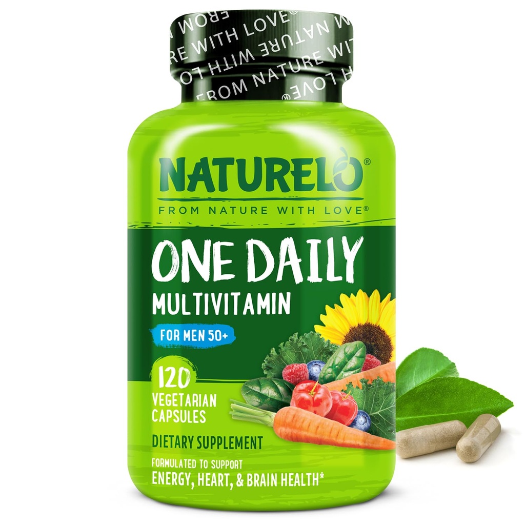 NATURELO Mens Multivitamins for Men 50+ - One Daily Multivitamin for Men with Vitamins, Minerals & Organic Whole Foods, Boost Energy & Health, Non-GMO, 120 Vegetarian Capsules