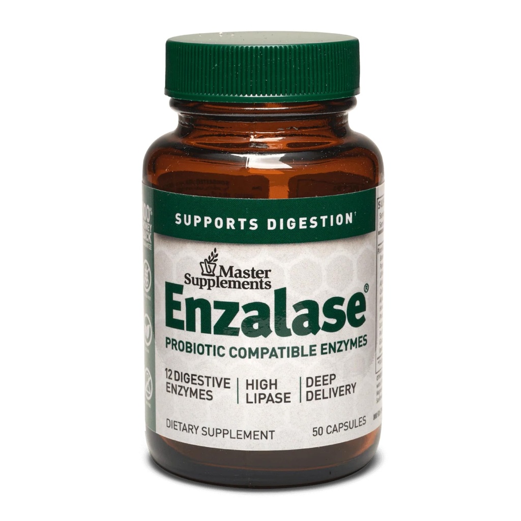 Master Kosttilskud Enzalase - 50 kapsler - Probiotiske kompatible enzymer - Giver fordøjelsesfremmende Boost + Gas & Bloating Relief - Gluten Free - 50 Servere