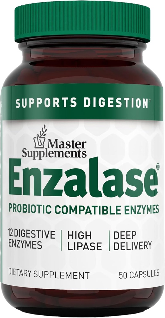 Master Kosttilskud Enzalase - 50 kapsler - Probiotiske kompatible enzymer - Giver fordøjelsesfremmende Boost + Gas & Bloating Relief - Gluten Free - 50 Servere