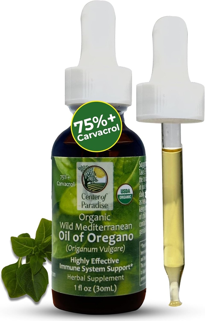 Center of Paradise Wild Mediterranean Oil of Oregano med 75% + Carvacrol (1 fl oz) Certified Oregano Oil Organic Drops in Extra Virgin Olive Oil for Immunum * & Respiratory * Support, Ca. 450 Serveringer