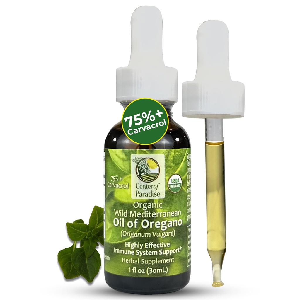 Center of Paradise Wild Mediterranean Oil of Oregano with 75%+ Carvacrol (1 fl oz) Certified Organic Drops in Extra Virgin Olive Oil for Immune & Respiratory Support, Approximately 450 Servings