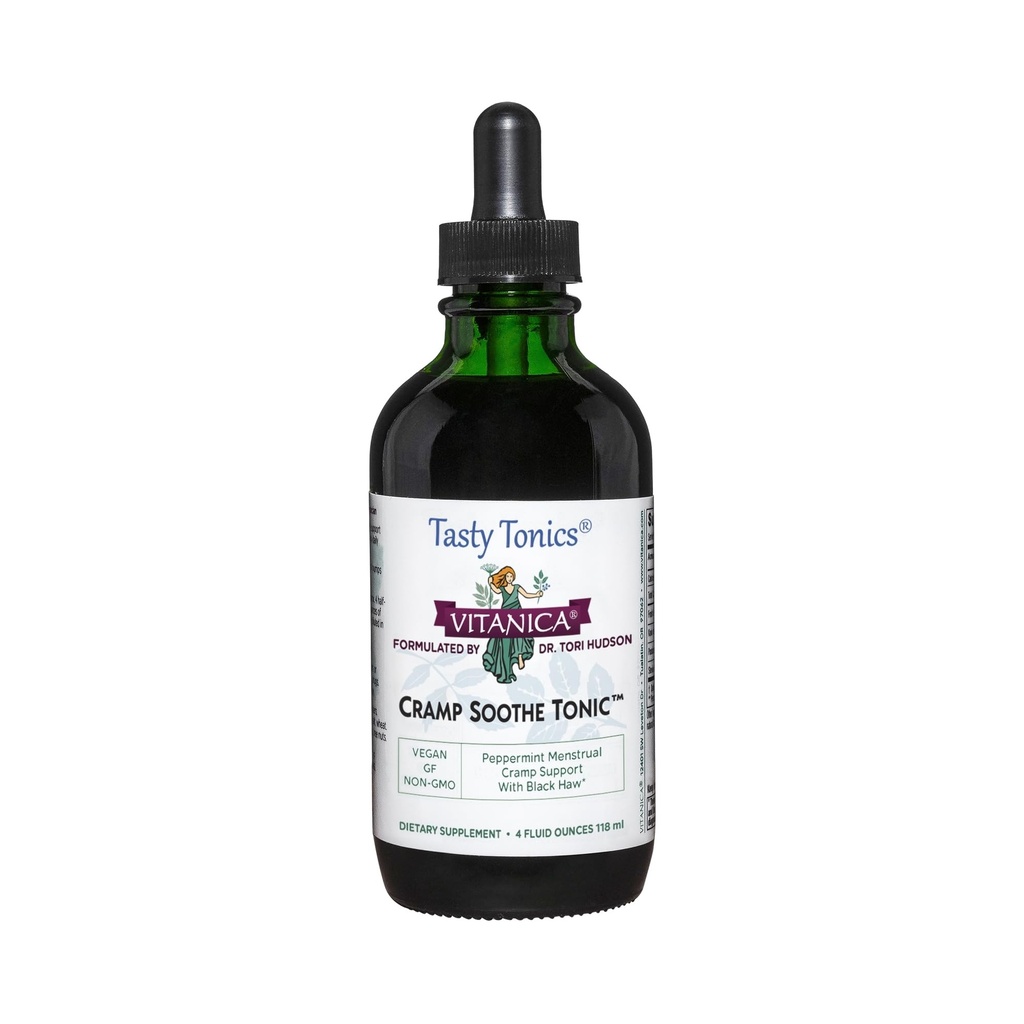 Vitanica Cramp Soothe Tonic, Dr. Formuleret menstruation Cramp Support, med Black Haw Bark, Valerian Root, Ginger Root, og Garrya Herb, Alkohol fri, Vegan, 4 Ounce