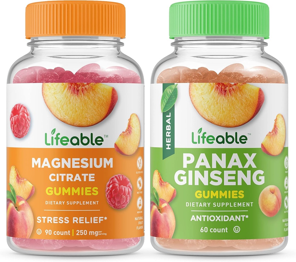 Lifeable Magnesium 85mg + Panax Ginseng, Gummies Bundle - Great Tasting, Vitamin Supplement, Gluten Free, GMO Free, Chewable Gummy
