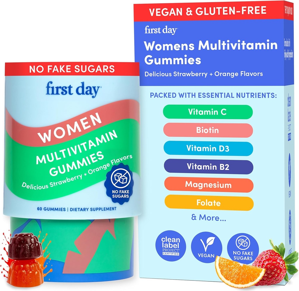 Første dag Multivitamin til kvinder - Daily Womens Multivitamin Gummies - Vitamin A C D E B12, Magnesium, Zink, Biotin - Vegan, Gluten Free Womens Vitamin - Hårvækst, Hud, Energi - 30 dages forsyning