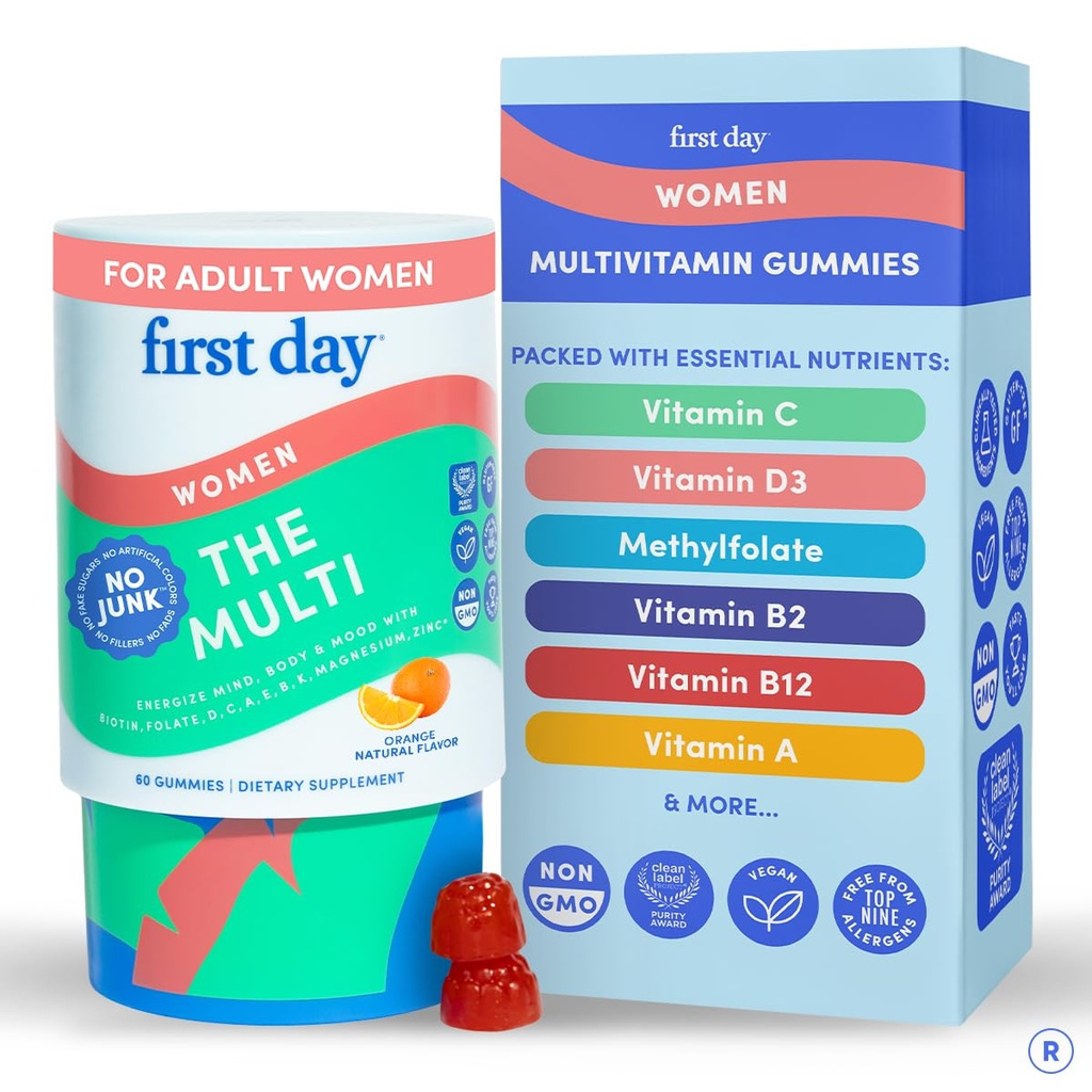 FIRST DAY Women's Multivitamin Gummies for Energy, Hair & Overall Health – Daily Multivitamin with Organic Superfood Blend, Methylated Folate, Zinc & Biotin – Vegan, No Junk, 60 Gummies
