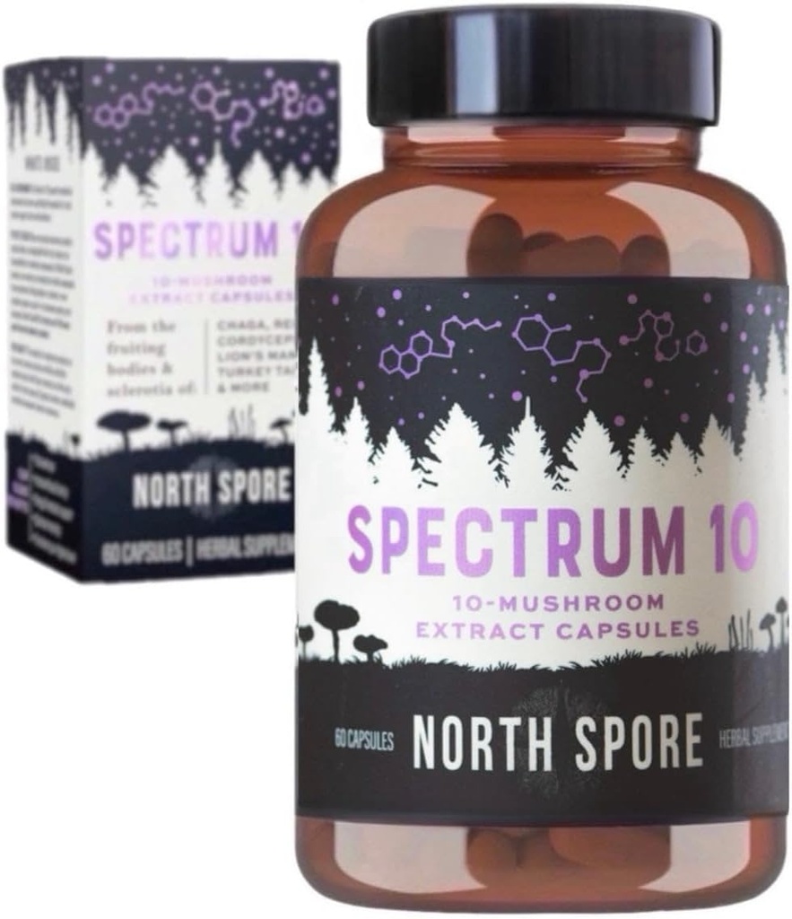 North Spore Organic 'Spectrum 10' High Potence Mushroom Capsules Depoter 124; Cognitive Supplement 124; Lions Mane, Chaga, Cordyceps, Reishi, Tyrkiet Tail Depoter 124; 10 Medicinsk Mushrooms Depoter 124; Energy, Focus, Clarity - 60ct