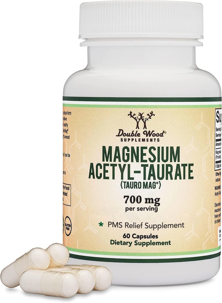 Magnesium Acetyl- Taurat (ATA MG, TauroMag) Novel og Patenteret form af Magnesium til PMS og Cramp Relief (60 kapsler, 350 mg) PMS Relief Magnesium supplement med dobbelt trætilskud