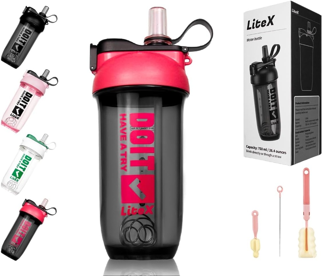 Litex Shaker Flasker til Protein Shakes, 26oz Blender Shaker Flaske til Pre- workout, Shaker Cups med Straw, BPA- fri Tritan Mixer Flasker til Protein Powder, med Cup Børst og Instruktioner (Rose rød)