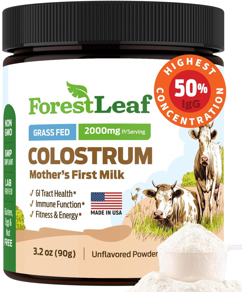 ForestLeaf Colostrum Powder 50% IgG Højeste Pure Concentration, Grass Fed Colostrum tillæg til Gut Sundhed, immunforsvar og muskel Inddrivelse, Bovin Colostrum til mennesker, Unflavored, 45 Serveringer