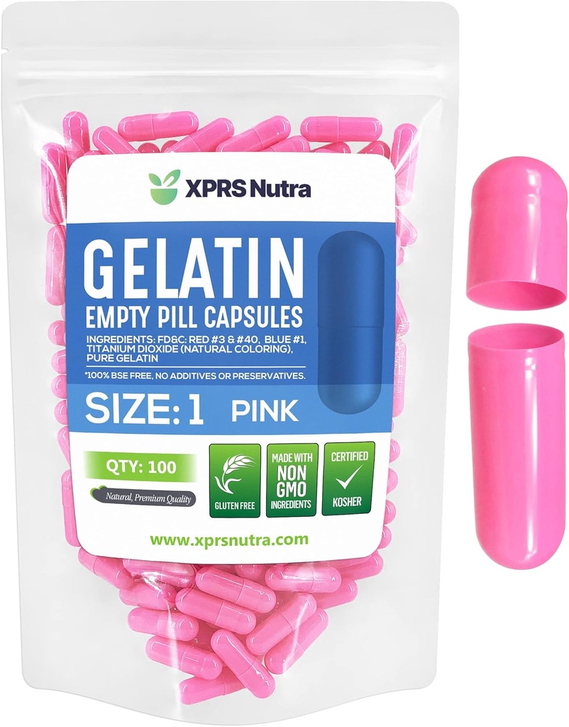 XPRS Nutra Størrelse 1 Tomme kapsler - 100 Tomme Gelatine kapsler - Piller til det selv Capsule Fyldning - Pure Bovine Pille Gel Caps til Do- It- Yourself Kosttilskud (Pink)