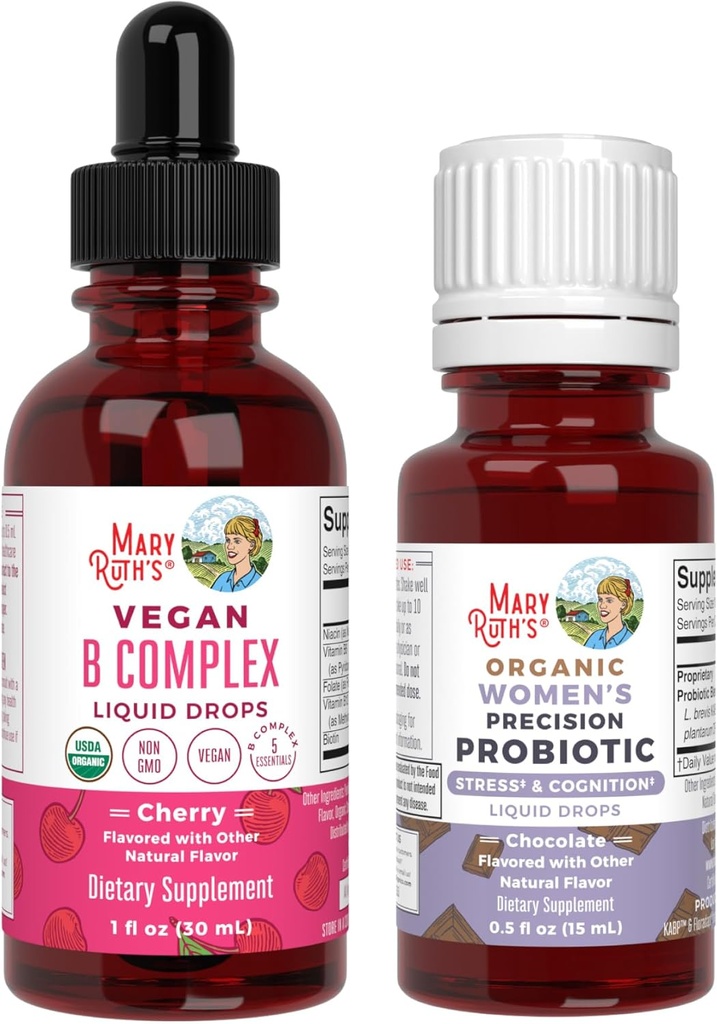 MaryRuth Organics Stress & Cognition Probiotic (Chocolate) for Women & B Complex Drops ttesmå 124; USDA Organic, Clean Label Project Verified ® Medical 124; Vitamin til afslapning, Metabolisme, & Health Medical 124; Vegan, Gluten