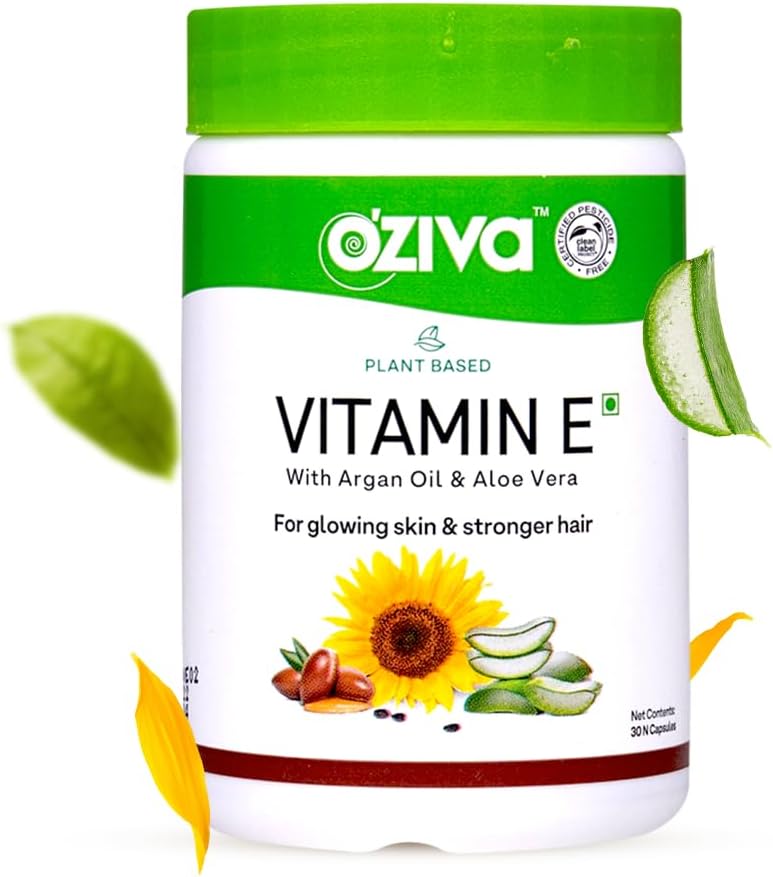 OZiva Plant baseret 100% Natural Vitamin E + Aloe Vera + Argan Oil for glødende hud & stærkere hår, 30 Veg kapsler, Ikke GMO