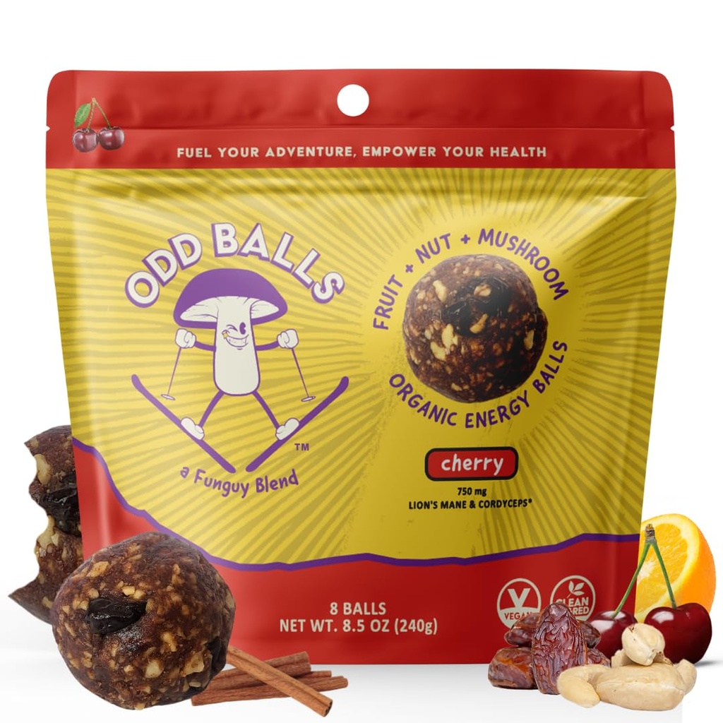 ODD BALLS Organic Energy Balls Cherry - Superfood Mushroom Snack - Løbetræning, Cykling, Vandreture - Gels, Barer Alternativ - Lions Mane Focus, Cordyceps Energy - Vegan, Gluten Free Snacks til børn og voksne (8.5 oz, Cherry)