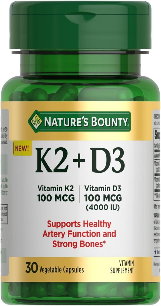 Nature 's Bounty Vitamin D3 K2 Supplement, 4000 IE Vitamin D3 plus 100 mcg af vitamin K Kosttilskud til voksne til hjerte & ben Health Support, 30 dages forsyning, 30 vegetariske kapsler