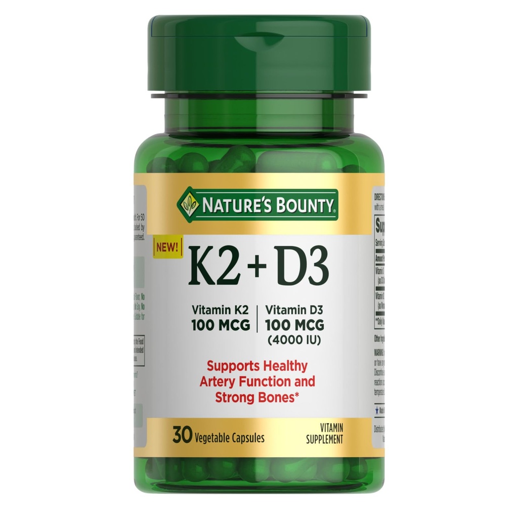 Nature 's Bounty Vitamin D3 K2 Supplement, 4000 IE Vitamin D3 plus 100 mcg af vitamin K Kosttilskud til voksne til hjerte & ben Health Support, 30 dages forsyning, 30 vegetariske kapsler
