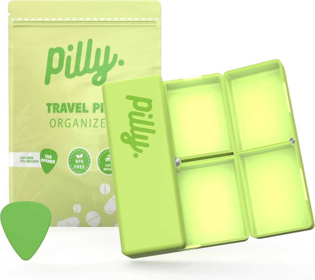 Magnetisk Pill Organizer w 7 Kompartmenter, Essential Quick Travel Pill Organizer w Foldable Design & Magnetic Button & Tab, Pill Case EasytoCarry, Vitamin, Kosttilskud og Medicin Holder- Lime Green