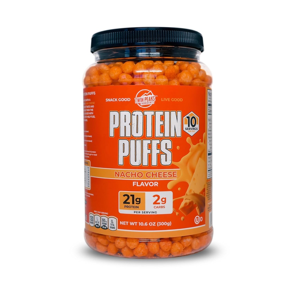 Twin Peaks Protein Puffs - (Nacho Cheese), Keto Friendly, Low Carb Snack (300g, 21g Protein, 2g Net Carbs, High Protein, Sund Crunchy Snack)