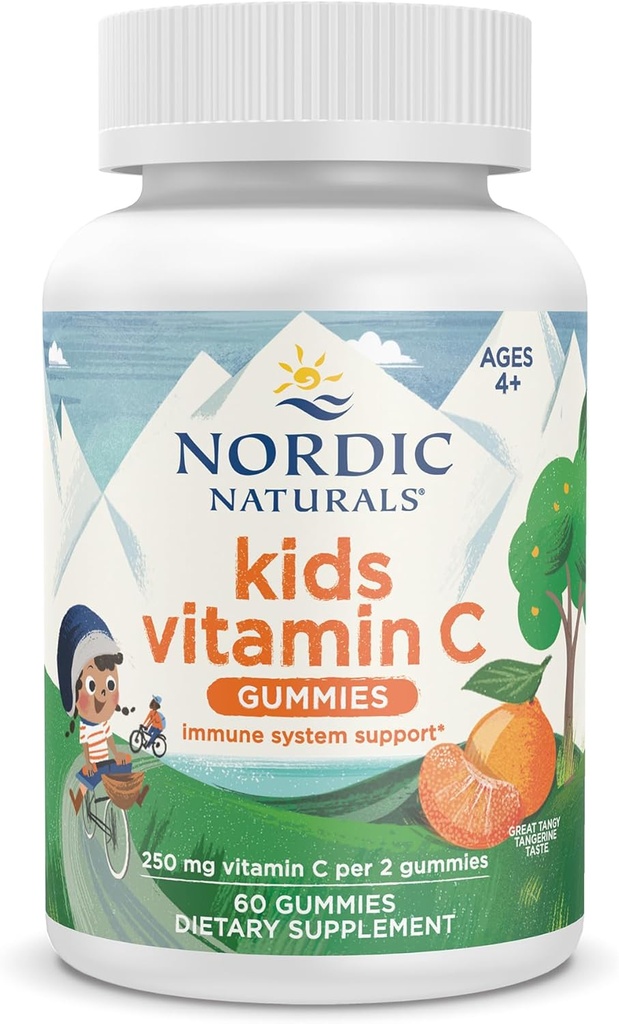Nordic Naturals Kids Vitamin C Gummies - Tangy Tangerine - 60 Gummies - Vegansk C-vitamin Supplement - Børn Immunitet og antioxidant Support - 250 mg per servering - 30 Servering