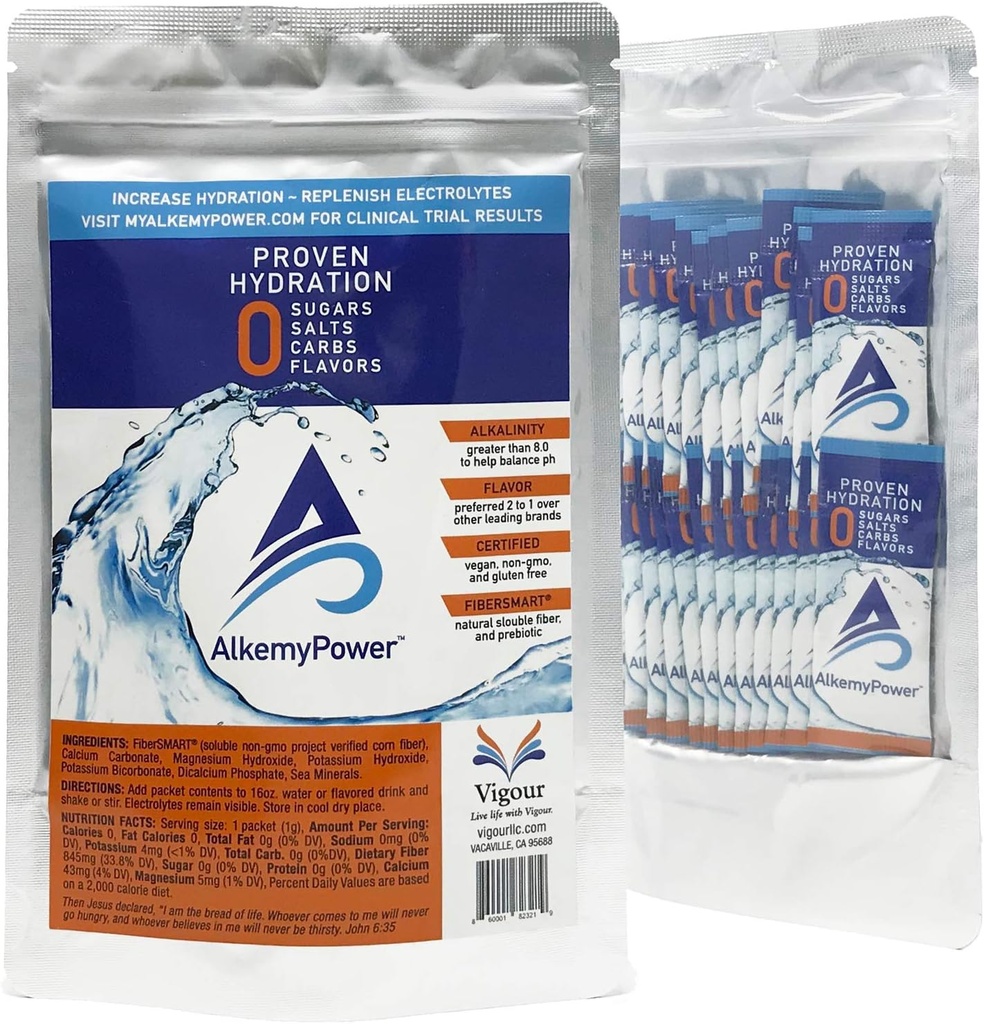 AlkemyPower ™ Hydration Electrolyte Powder, No Sugars, Salte, Carbs, Flavors eller Kalorier, 100% Natural, Praktisk Stick Pack, 30 Greve