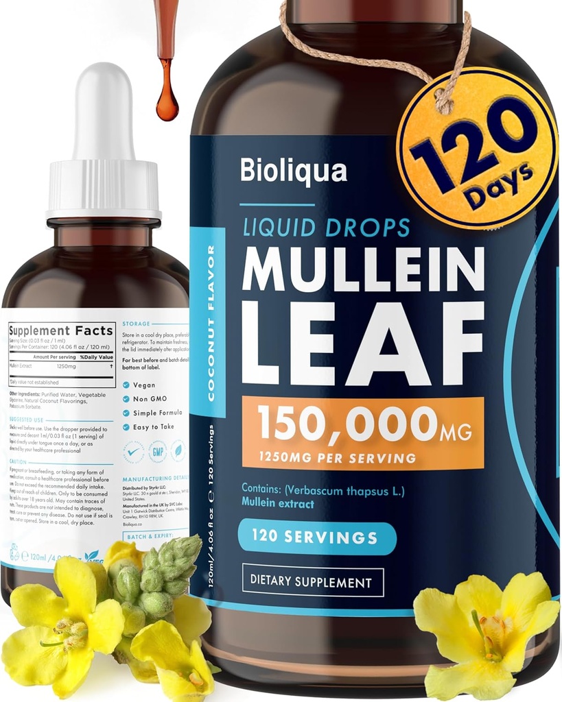 Biolaqua Mullein Drops for Lungs - Høj styrke på 150,000mg pr. 4fl oz Tincture - 120 Servering ved 1,250mg per dosis - Lung Detox & Bronchial Rense - Kokosmel Flavour