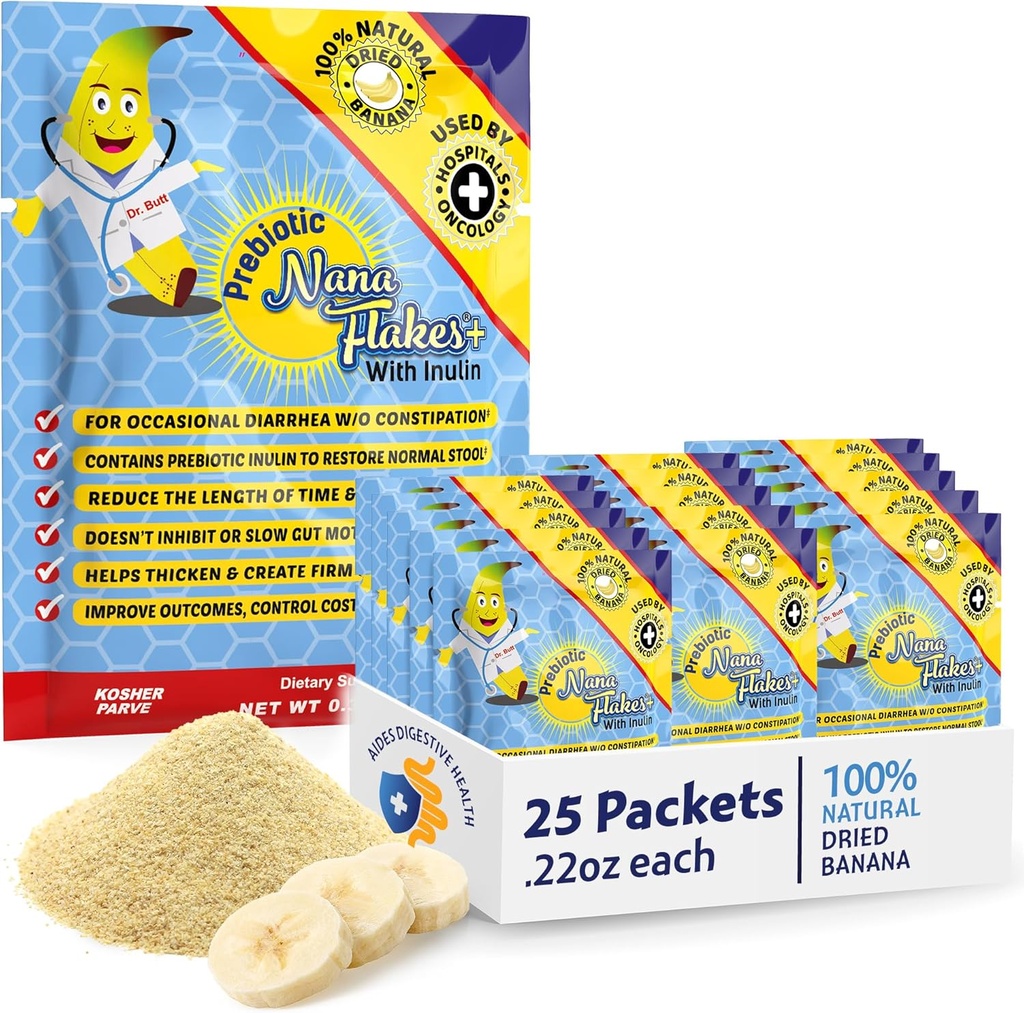 Nutritional Designs, Prebiotic Nana Fakes med Inulin, 100% Pure Banana Fakes, High Protein & Prebiotic Fiber, fordøjelsesbesvær, for voksne og børn 4 + (25 Single-Serve Packs)