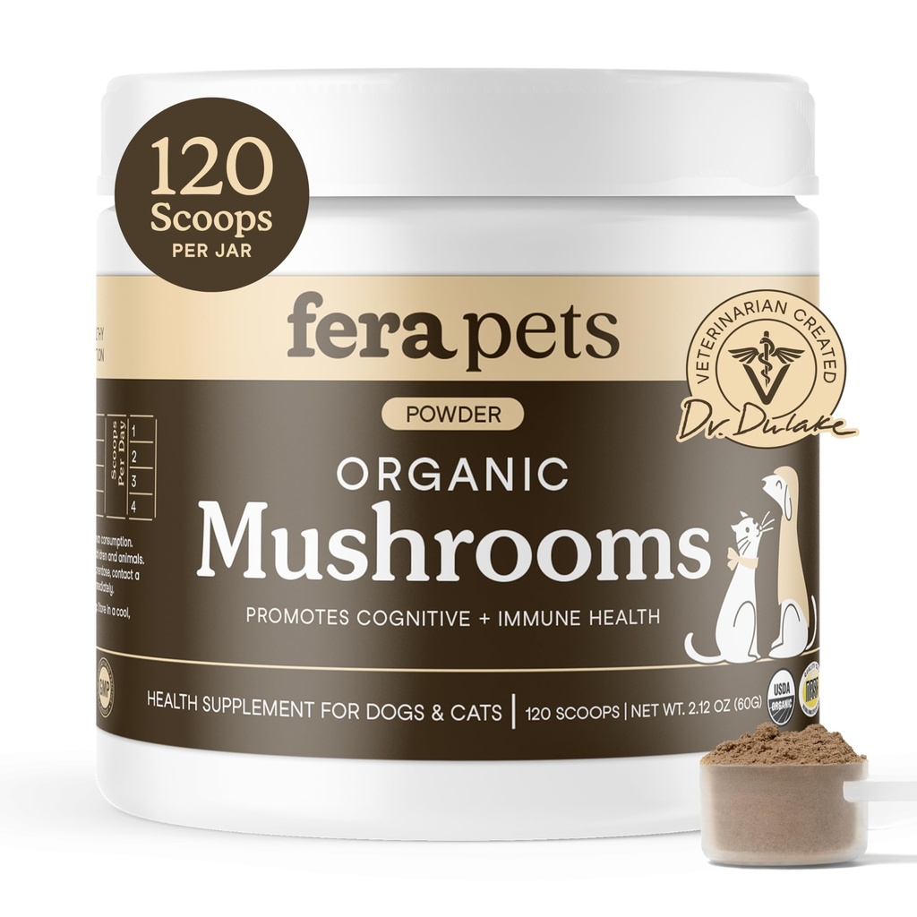 Fera Kæledyr Mushroom supplement til hunde og katte med Tyrkiet Tail - USDA Organic - Kognitiv og immunforsvar - Forbedrer leverfunktionen - Understøtter en sund Gut - Pulver - 120 Scoops