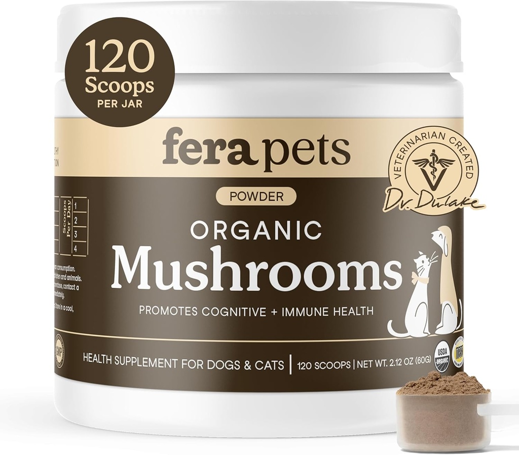 Fera Kæledyr Mushroom supplement til hunde og katte med Tyrkiet Tail - USDA Organic - Kognitiv og immunforsvar - Forbedrer leverfunktionen - Understøtter en sund Gut - Pulver - 120 Scoops