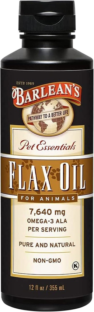 Barlean 's Flaxsee Oil for Animals, Pet Essential Liquid Omega 3 Fedtsyrer Katte og Hundelolie Kosttilskud til Hud og Coat, Omega 3 for Hunde, Katte og andre Kæledyr, 12 oz