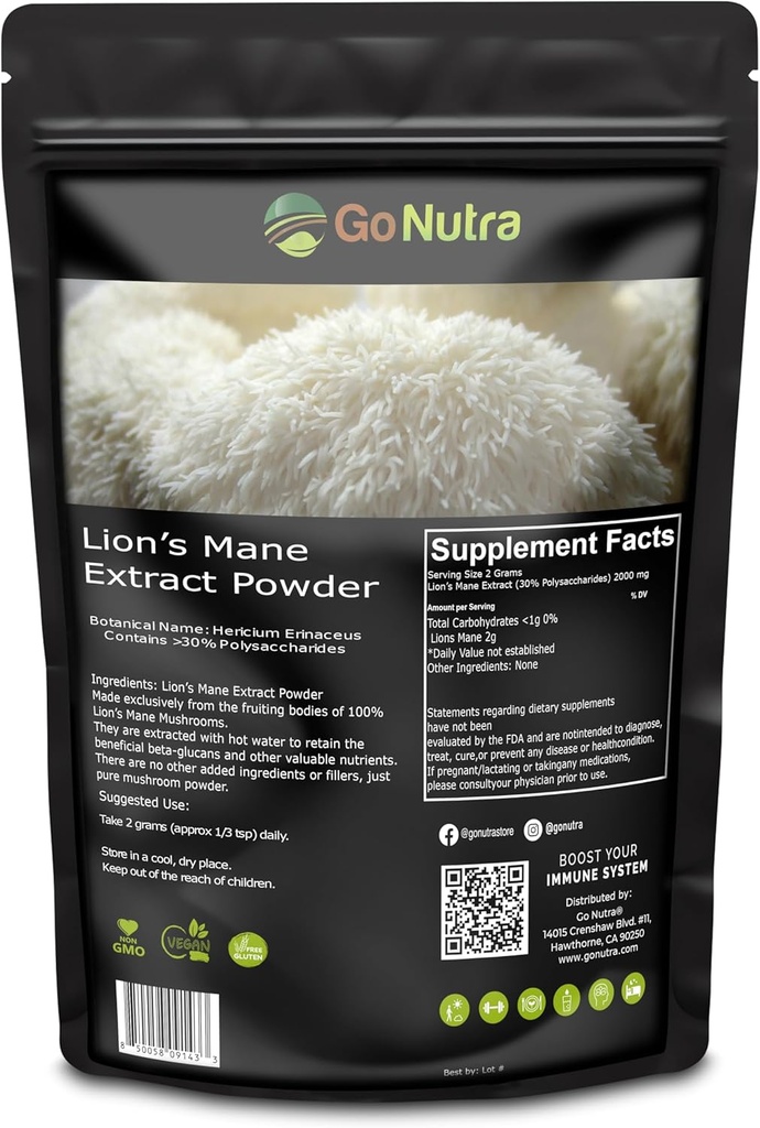 Go Nutra - Lions Mane Powder, Potent 10: 1 Lions Mane Mushroom Powder med 30% Polysaccharides, Pure Lions Mane Extract for Tea, Juice, Vand, og mere, Non- GMO, Vegan, 8 oz
