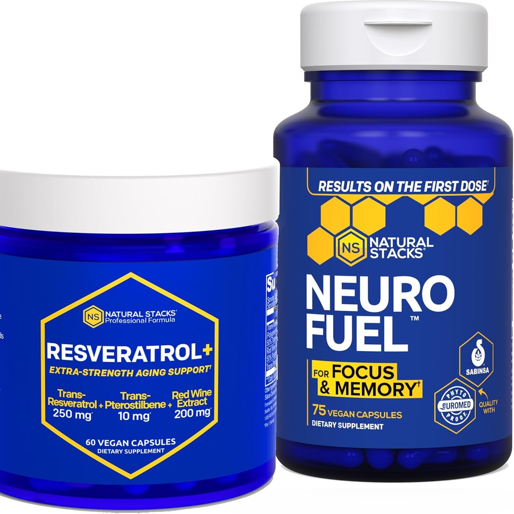 NATURLIGE STAKKER NeuroFuel & Resveratrol + Supplement Bundle - understøtter fokus, hukommelse og sund hjerne aging * - 135 kapsler