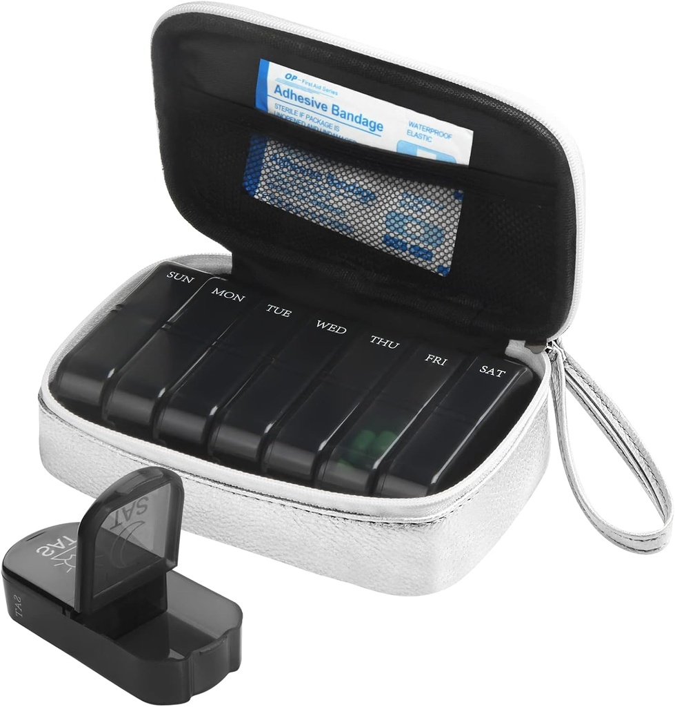 Ugentlig PU Leather Pill Bag Organizer sag 2 gange om dagen, AM PM Daily Pill Box at holde Vitamin, Fish Oil, Kosttilskud og Medicin (sølv)