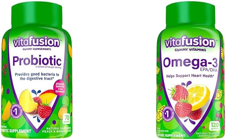 Viafusion Probiotiske Gummy Kosttilskud, Hindbær, Peach og Mango Flavors & Omega-3 Gummy Vitaminer, Berry Lemonade Flavored, Heart Health Vitaminer (1) med Omega