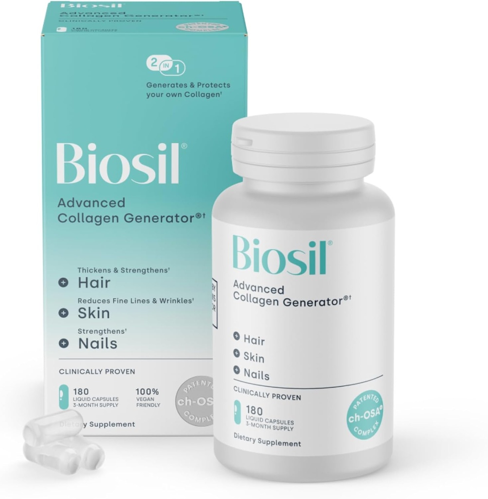 Biosil Collagen Booster Supplement - 180 flydende kapsler - Patenteret ch- OSA Activator for hud, hår, negle & Joints - Understøtter naturlig produktion - 90- Day Supply