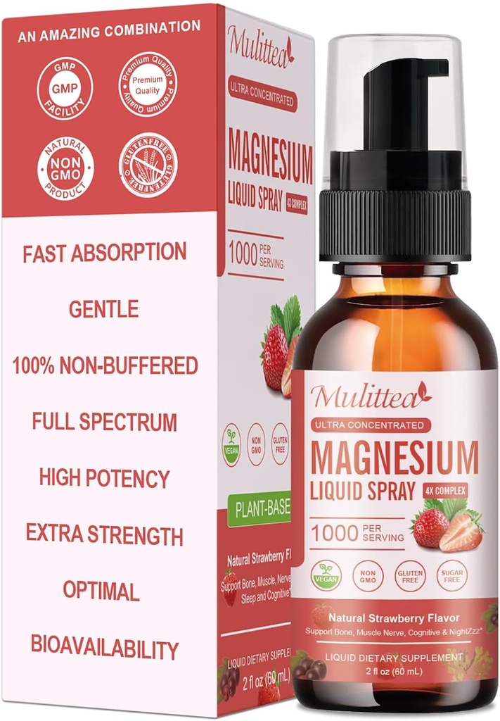 Magnesium Glycinate Flydende Spray med Citrate, Oxide & Malate, Magnesium med Hel Vitamin, L- Theanin, D3K2, B6 til hjerte, ben kramper, Muskler & Energi- Sugar- Free Strawberry Flavor, 2 Fl Oz