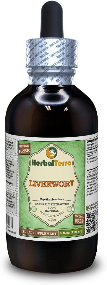 Liverwort (Hepatica Americana) Glycerit, Tørret Herb Alkohol- Free Liquid Extract (Brand Name: HerbalTerra, Stolt Made in USA) 4 fl.oz (120 ml)