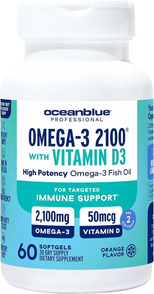 Oceanblå Professional Omega-3 2100 med vitamin D3 - 60 ct - Triple Strength Burpless Fish Oil Supplement med højpotens EPA, DHA, DPA og D3-vitamin - Wild-fanget - Orange Flavor (30 Servere)