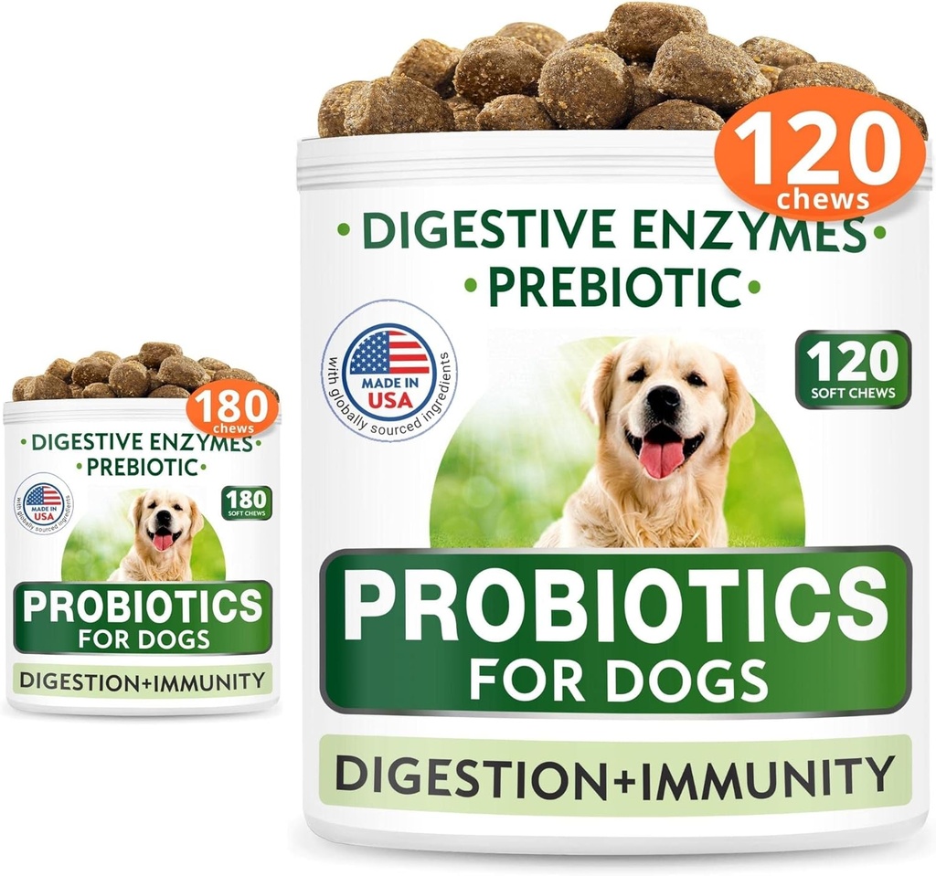 Hund Probiotika Chews Bundle - Gas, Diarré, Allergi, Forstoppelse, Opsat Mave Relief, med fordøjelsesfremmende enzymer + Prebiotika - Chewable Fiber Supplement - Forbedre fordøjelsen, Immunitet - 300 Soft Chews