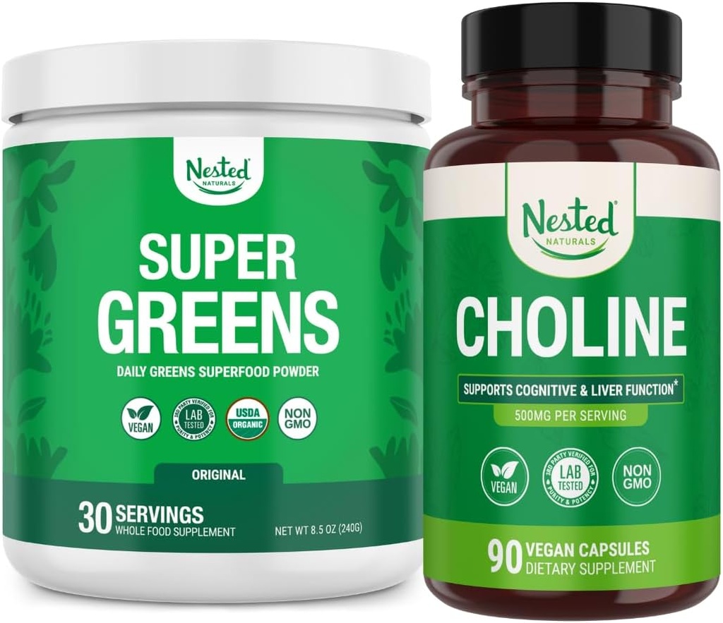 Nested Naturals Super Greens & Cholin Bundle; Superfood Powder med Probiotika & Fiber & Cholin Bitartrate for Cognitive Function & Clean Energy
