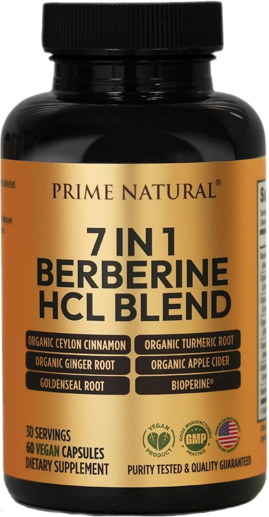PRIME NATURAL Berberine HCl 600 mg Økologisk Ceylon Cinnamon 400mg Økologisk gurkemeje 200mg Økologisk Ginger 130mg Økologisk Æble Cider Vinegas 65mg Guldsæl Root 6, 5 mg Bioperine 3 mg