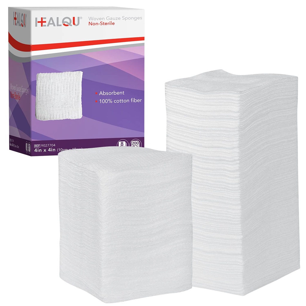 HEYQU 4x4 Gauze Pads - 12 Ply vævet pakke med 200 - Ultra Absorbent Soft Non- Steril Kirurgiske Sponger til Sår Klædning, Debridement, Rengøring og Prepping