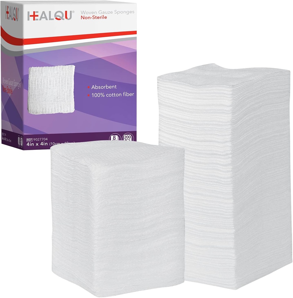 HEYQU 4x4 Gauze Pads - 12 Ply vævet pakke med 200 - Ultra Absorbent Soft Non- Steril Kirurgiske Sponger til Sår Klædning, Debridement, Rengøring og Prepping