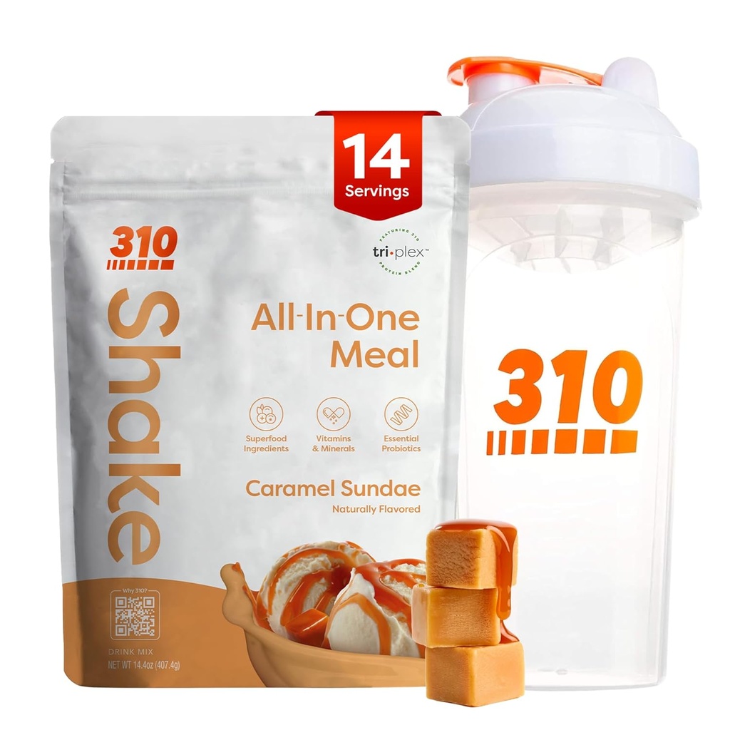 310 Nutrition All-in-One Meal Replacement Shake Powder w/Shaker Cup Starter Kit - High Protein Fiber Rich Vegan Superfood Blend - Sugar-Free, Keto & Paleo Friendly, Low Carb - Caramel Sundae 14 srv
