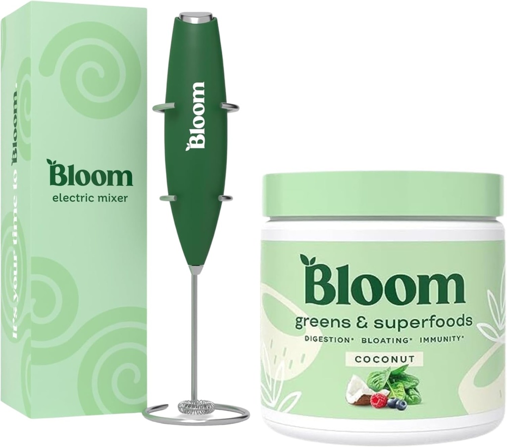Bloom Nutrition Superfood Green Powder, fordøjelsesenzymer med Probiotika og Prebiotika, Gut Health, Bloating Relief, Kokosolie + Milk Frother høj drevet hånd mixer